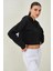 Kadın Siyah Kapüşonlu Eteği Pis Dikişli Crop Sweatshirt 3