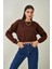 Tena Moda Kadın Kahve Bisiklet Yaka Üç Iplik Oversize Crop Sweatshirt 1