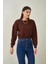 Tena Moda Kadın Kahve Bisiklet Yaka Üç Iplik Oversize Crop Sweatshirt 2