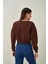 Tena Moda Kadın Kahve Bisiklet Yaka Üç Iplik Oversize Crop Sweatshirt 3