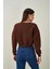 Tena Moda Kadın Kahve Bisiklet Yaka Üç Iplik Oversize Crop Sweatshirt 5