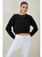 Tena Moda Kadın Siyah Bisiklet Yaka Üç Iplik Oversize Crop Sweatshirt 2