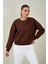 Tena Moda Kadın Kahve Bisiklet Yaka Üç Iplik Basic Sweatshirt 1