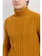 Erkek Balıkçı Yaka Saç Örgülü Yün Kazak Hardal 4