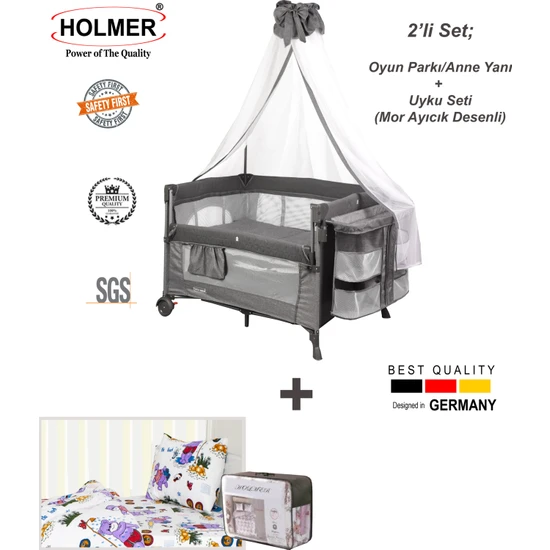 Holmer Coolstyle 2'li Set Anne Yanı Gri + Bebek Uyku Seti Mor Ayıcık Desenli