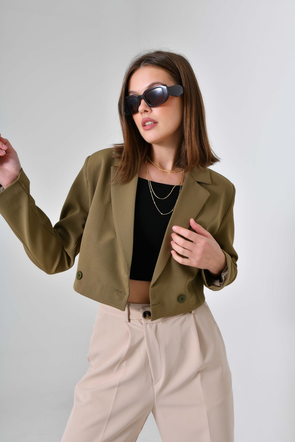 Saade Haki Kruvaze Crop Blazer Ceket Kadın %86 Polyester %14 Elastan Yumuşak Ve Rahat