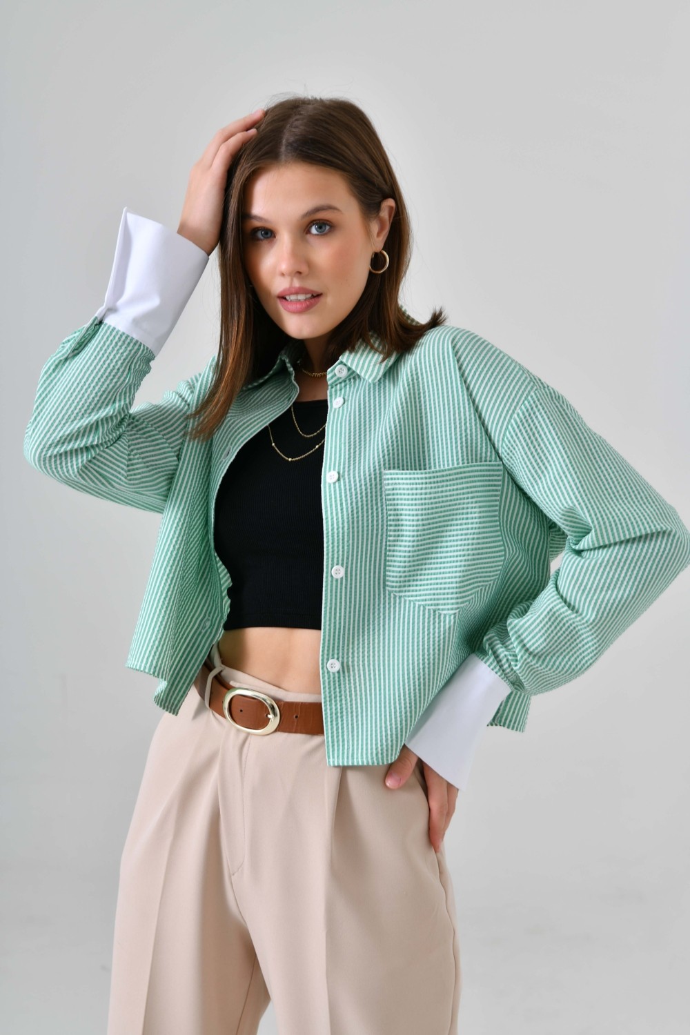 Saade Bej Çizgili Crop Gömlek görsel 3