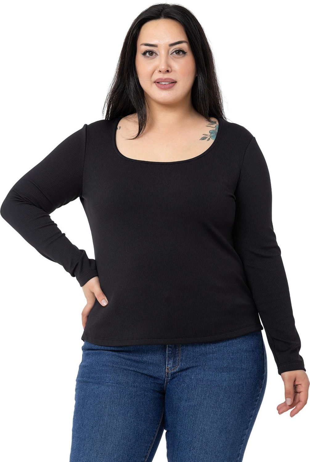 Disentis Modest Büyük Beden Içi Şardonlu Uzun Kollu Fitilli Siyah Body