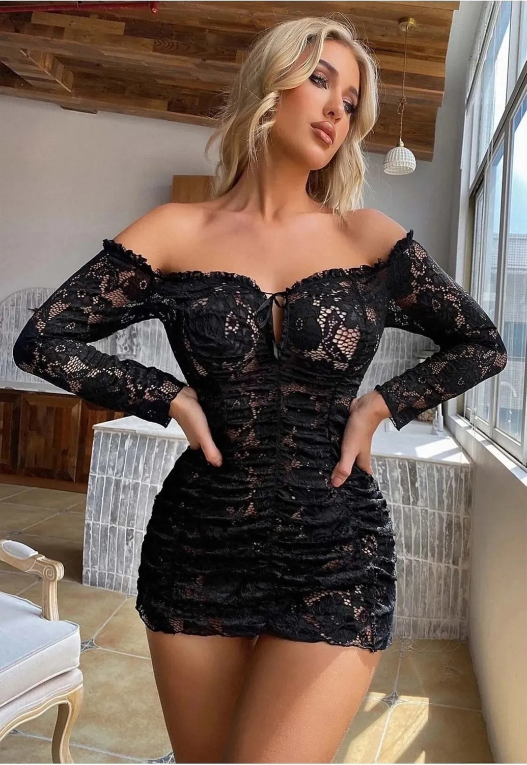 my cherie Büzgülü Bağlama Detaylı Vücuda Oturan Seksi Gösteren Dantel Mini Elbise Geniş Beden Aralığı görsel 7