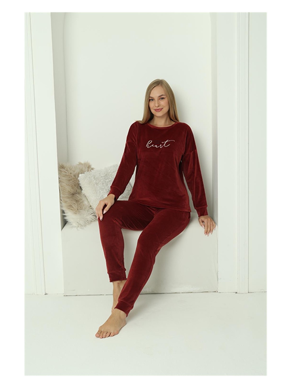 Akbeniz Kadın Kadife Bordo Pijama Takım 20624
