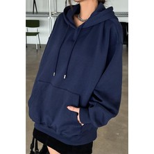 Millionaire Kadın Lacivert Düz Kapüşonlu Oversize 3 Iplik Şardonlu Salaş Bol Kesim Hoodie Sweatshirt