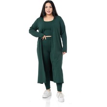 Büyük Beden Fitilli Crop Body Tayt Hırka Üçlü Zümrüt Takım