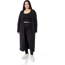 Büyük Beden Fitilli Crop Body Tayt Hırka Üçlü Siyah Takım