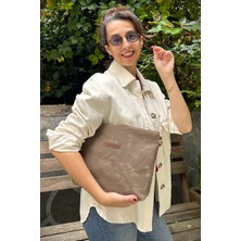 Kahverengi Clutch Waxed Canvas Ayarlanabilir Askılı Portföy Mumlu Kanvas Kadın El ve Omuz Çantası