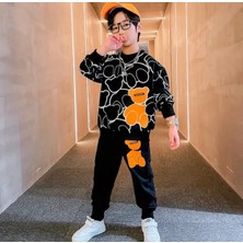 Kids Face Özel Tasarım Turuncu Ayıcık Baskılı 3 Iplik Şardonlu Kışlık  Pamuk Luxury Erkek Çocuk Eşofman  Takımı