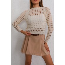 Bikelife  Kadın Krem Ajurlu Delikli Uzun Kol Triko Kazak