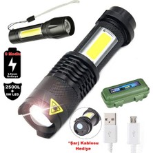 Aybastılı 2500 Lumens + 5W Cob LED USB Lion Şarjlı Ultra Güçlü Q5 Xpe Su Geçirmez Şarjlı El Feneri