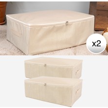 Nacarev 2 Adet Büyük Boy Çizgi Desen Baskılı Krem Baza Altı Düzenleyici Hurç Seti 60x40x20 cm