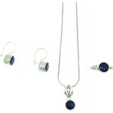 Aykat Safir Taşlı Gümüş Üçlü Set Kadın Yüzük Küpe Kolye Takım SET-321