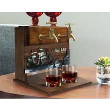 Bk Gift Kişiye Özel Kabartma Gemi Tasarımlı Çift Musluklu Doğal Ahşap Içki Standı-7, Içki Standı, Doğum Günü Hediyesi, Ev Hediyesi, Erkek Hediye