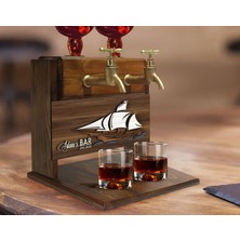 Bk Gift Kişiye Özel Kabartma Gemi Tasarımlı Çift Musluklu Doğal Ahşap Içki Standı-3, Içki Standı, Doğum Günü Hediyesi, Ev Hediyesi, Erkek Hediye