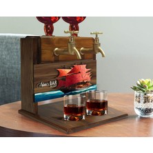 Bk Gift Kişiye Özel Kabartma Gemi Tasarımlı Çift Musluklu Doğal Ahşap Içki Standı-12, Içki Standı, Doğum Günü Hediyesi, Ev Hediyesi, Erkek Hediye