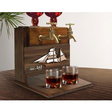 Bk Gift Kişiye Özel Kabartma Gemi Tasarımlı Çift Musluklu Doğal Ahşap Içki Standı-1, Içki Standı, Doğum Günü Hediyesi, Ev Hediyesi, Erkek Hediye