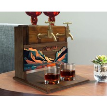 Bk Gift Kişiye Özel Kabartma Manzara Tasarımlı Çift Musluklu Doğal Ahşap Içki Standı-1, Içki Standı, Doğum Günü Hediyesi, Ev Hediyesi, Erkek Hediye