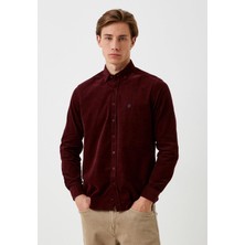 Ncs Erkek Kadife Gömlek Bordo %100 Pamuk Düğmeli Yaka Slim Fit Logo Detaylı  7980