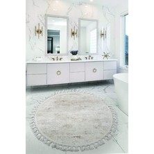 Bonny Home Nova Krem Yuvarlak 100X100 cm Ponpon Saçaklı Kaymaz Tabanlı Makinede Yıkanabilir Banyo Paspası