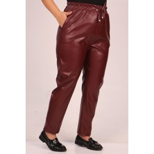 Eslina 39039 Büyük Beden Beli Lastikli Deri Pantolon-Bordo