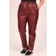 Eslina 39039 Büyük Beden Beli Lastikli Deri Pantolon-Bordo