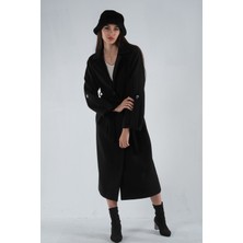 Feminist Siyah Önden Düğmeli Oversize Örme Kaşe Kaban 0108081.01