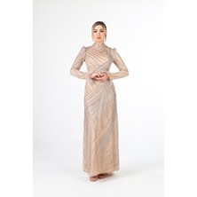 Feminist Gold Kol Uçları Tüylü Abiye Elbise 6502437.122