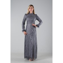 Feminist Gri Kol Uçları Tüylü Abiye Elbise 6502437.06