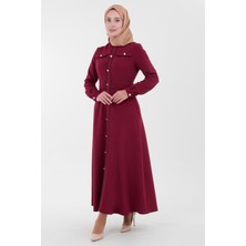 Armine Trend Düğme Aksesuarlı Arkadan Fermuarlı Örme Kumaş Elbise-Bordo 23KT902