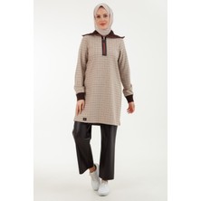 Armine Trend Ekose Desenli Yakası Fermuarlı Ribanalı Kışlık Tunik-Orjinal 23KT405