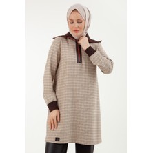 Armine Trend Ekose Desenli Yakası Fermuarlı Ribanalı Kışlık Tunik-Orjinal 23KT405
