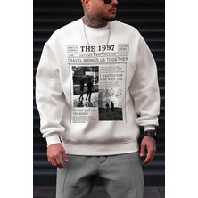 Millionaire Erkek Kırık Beyaz Krem Ekru 1997 Baskılı 0 Sıfır Yaka Oversize Salaş Bol Kesim Polar Sweatshirt