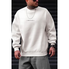 Millionaire Erkek Kırık Beyaz Krem Ekru Dreamer Baskılı 0 Sıfır Yaka Oversize Salaş Bol Kesim Polar Sweatshirt