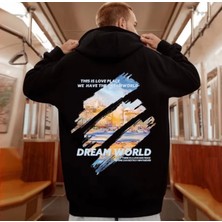 Amor Man Büyük Beden Özel Tasarım Kapüşonlu Dream World Sırt Baskılı %100 Pamuk Erkek Sweatshırt