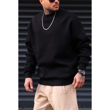 Millionaire Erkek Düz Siyah Basic Baskısız Sıfır Bisiklet Yaka Oversize Salaş Sweatshirt Sweat