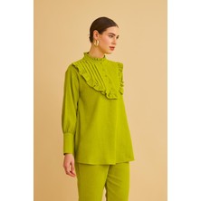 Basic Park Jade Süs Dikişli ve Düğmeli Fırfır Yaka Keten Olive Tunik Pantolon Takım