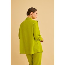 Basic Park Jade Süs Dikişli ve Düğmeli Fırfır Yaka Keten Olive Tunik Pantolon Takım