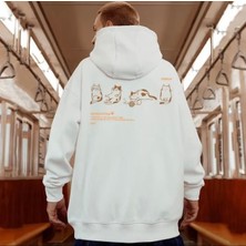 Amor Man Büyük Beden Özel Tasarım Kapüşonlu Cutecat Sırt Baskılı 3 Iplik Şardonlu %100 Pamuk Erkek Sweatshırt