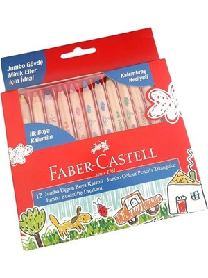 Faber-Castell Jumbo Üçgen Kuru Boya Kalemi 12 Renk Karton Kutu 1 Adet Ilk Boya Kalemim Kalemtıraş Hediyeli