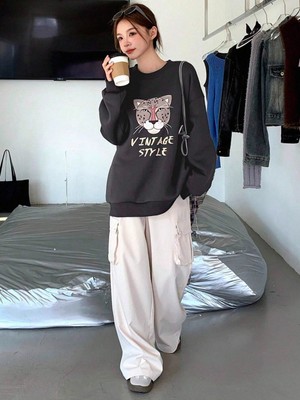 Trendseninle Kadın Koyu Füme Vintage Style Baskılı Bisiklet Yaka Sweatshirt