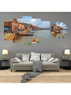 A2ZTR 5 Parçalı Dekoratif Ahşap Duvar Tablosu ve Saati 60X124 cm
