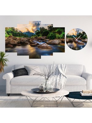 A2ZTR 5 Parçalı Dekoratif Ahşap Duvar Tablosu ve Saati 60X124 cm