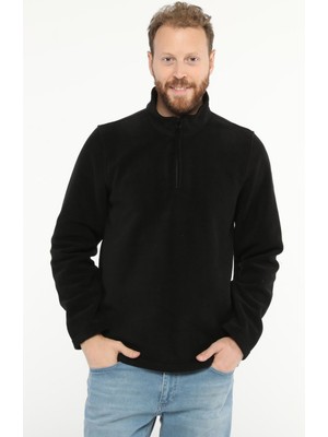 Uniprom Erkek Normal Kesim Dik Yaka Yarım Fermuarlı Polar Sweatshirt Siyah